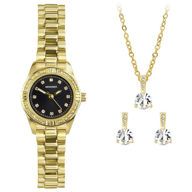 Sekonda gold watch gift set with black dial and matching jewellery - British product