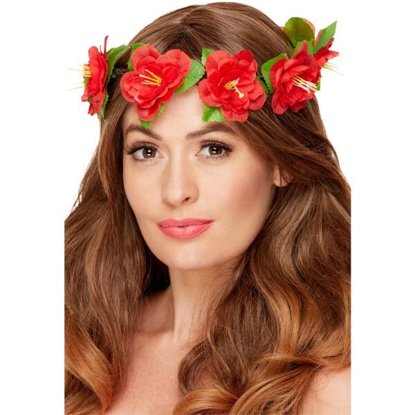 Smiffys Hawaiian flower crown in red with ribbon (British brand)