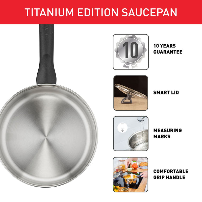 Tefal 18cm Titanium Edition stainless steel saucepan, UK version