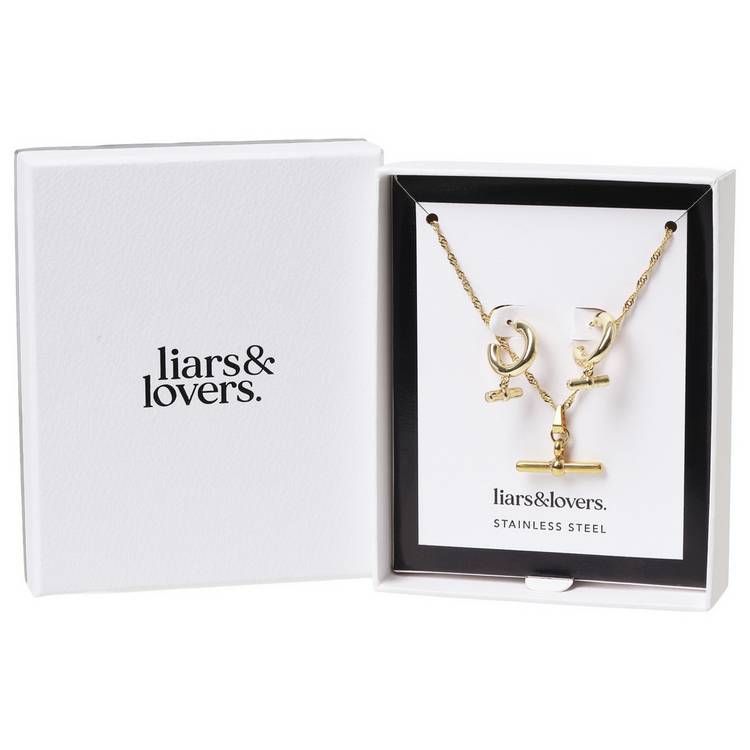 Liars and Lovers gold tone T bar earrings and necklace set - British product