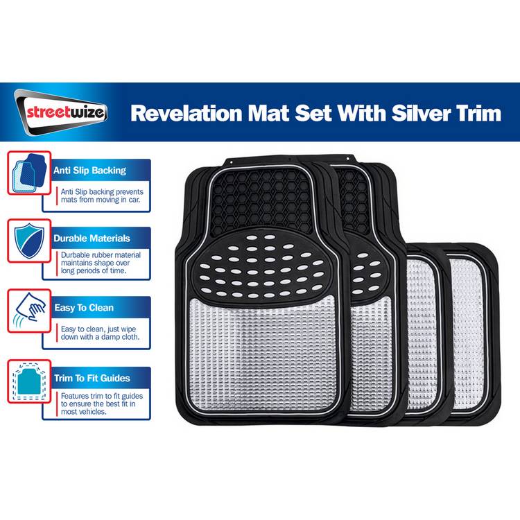 Streetwize heavy-duty rubber car mat set chrome trim - British product