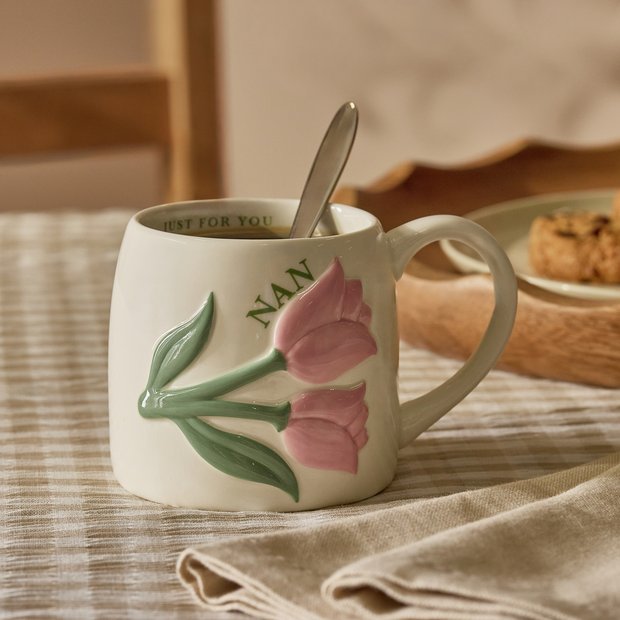 Argos Home ceramic mug with pink tulips, UK version
