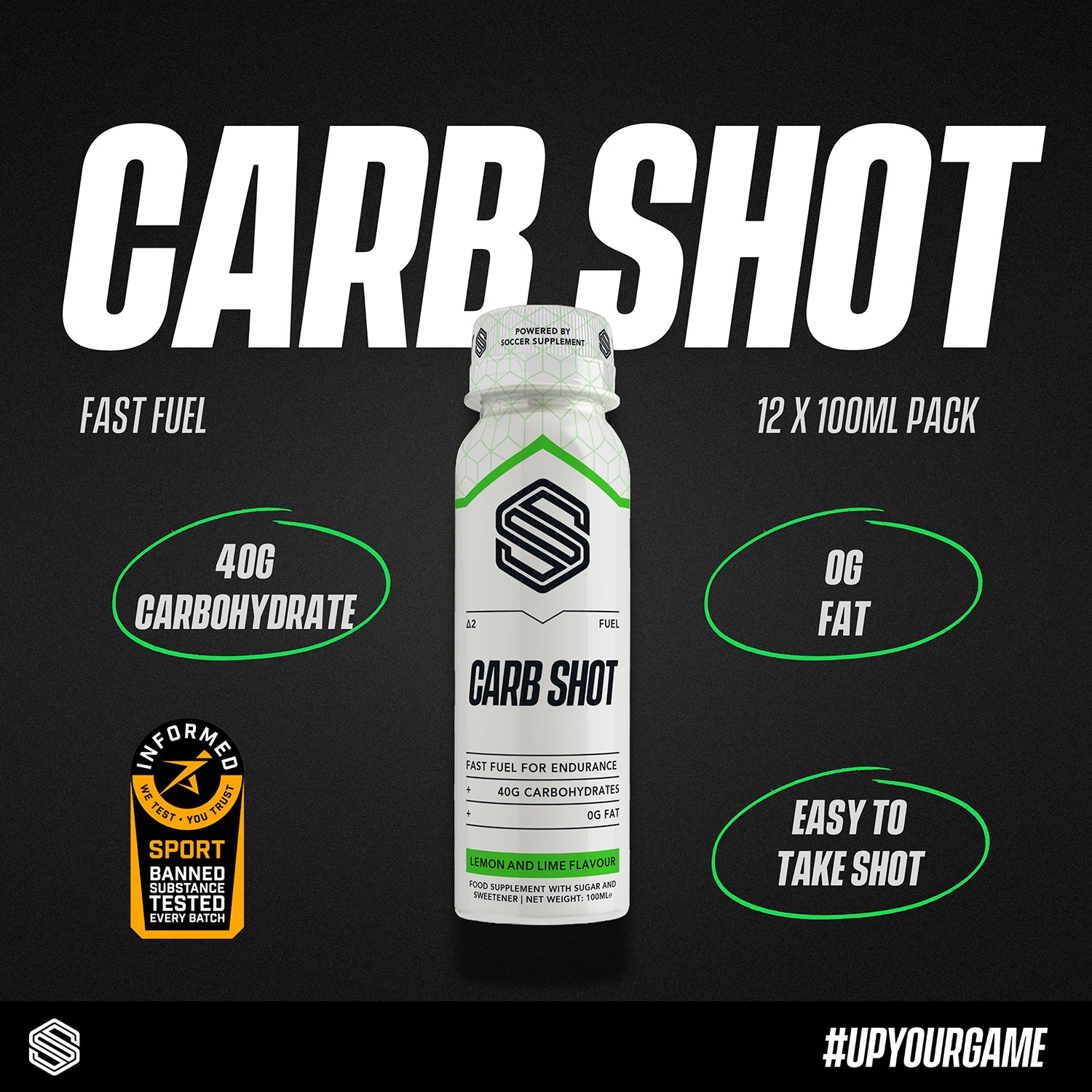 Soccer Supplement Endurance Carb Shots lemon and lime flavour 100ml 12 pack (British brand)