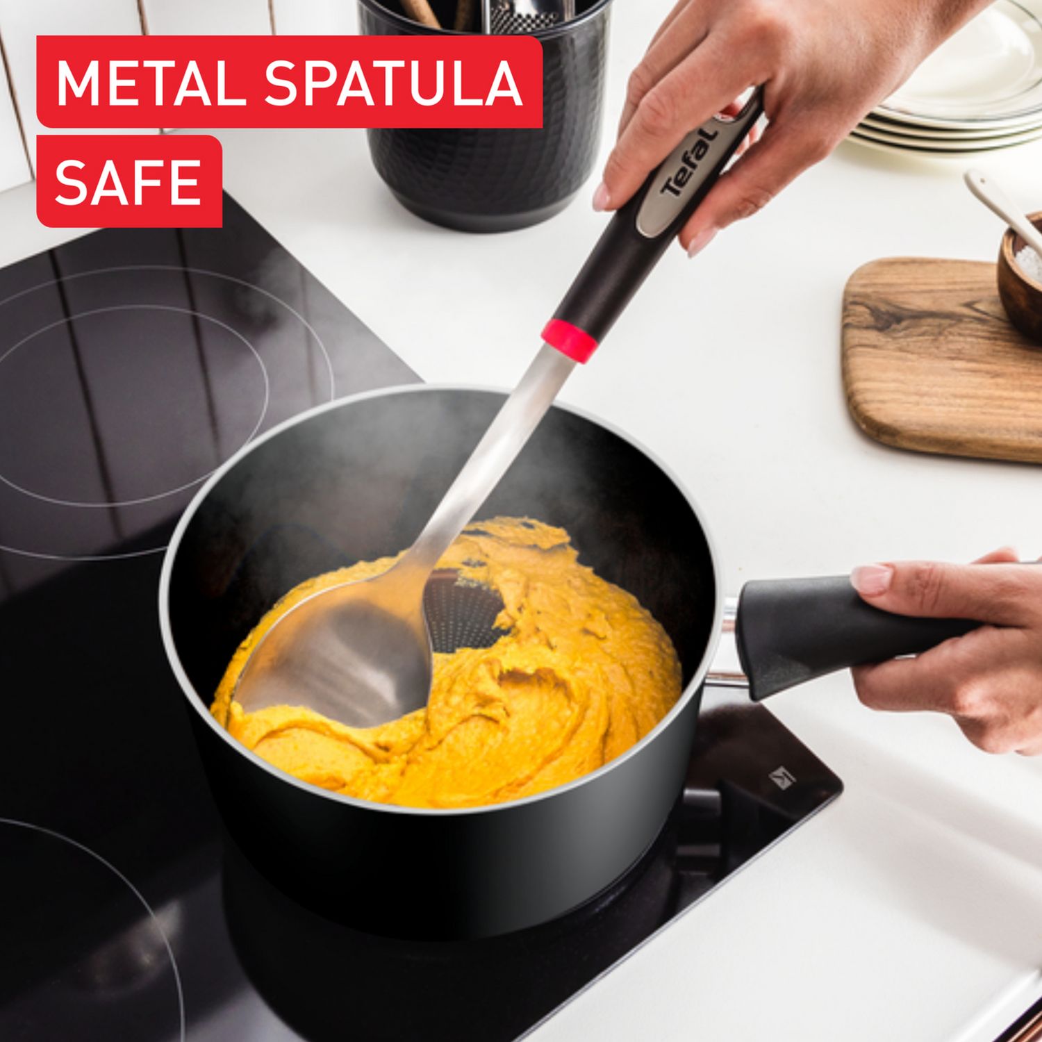 Tefal aluminium saucepan set black, imported from the UK