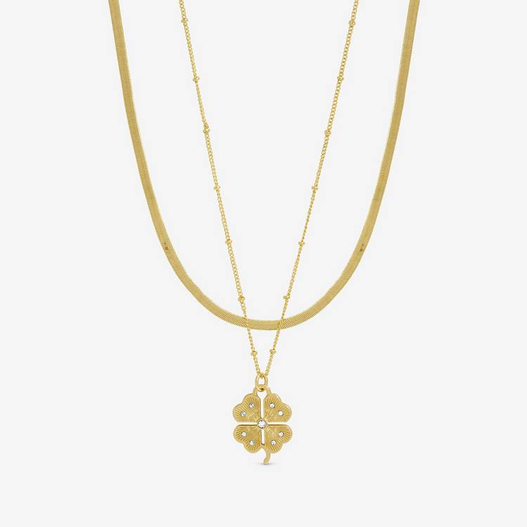Lipsy Gold & Crystal Clover Double Row Pendant Necklace