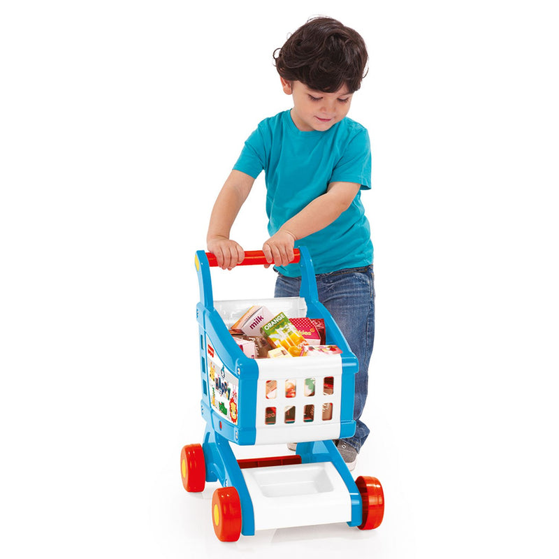 Fisher-Price shopping cart toy with grocery accessories, UK version