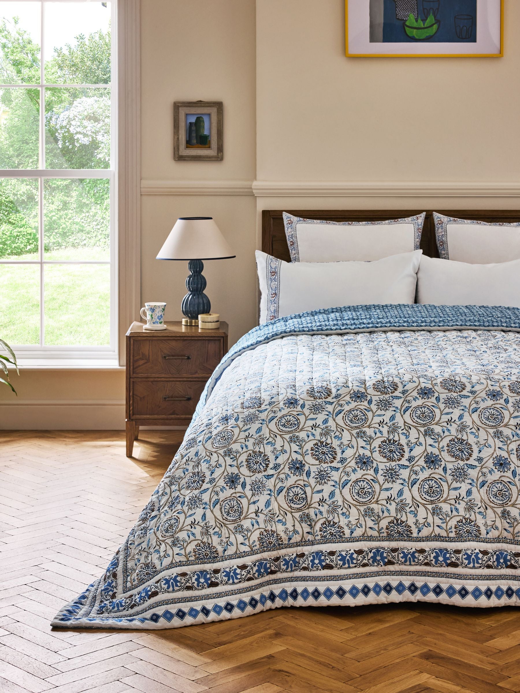 Nina Campbell blue Indienne quilted bedspread (British brand)