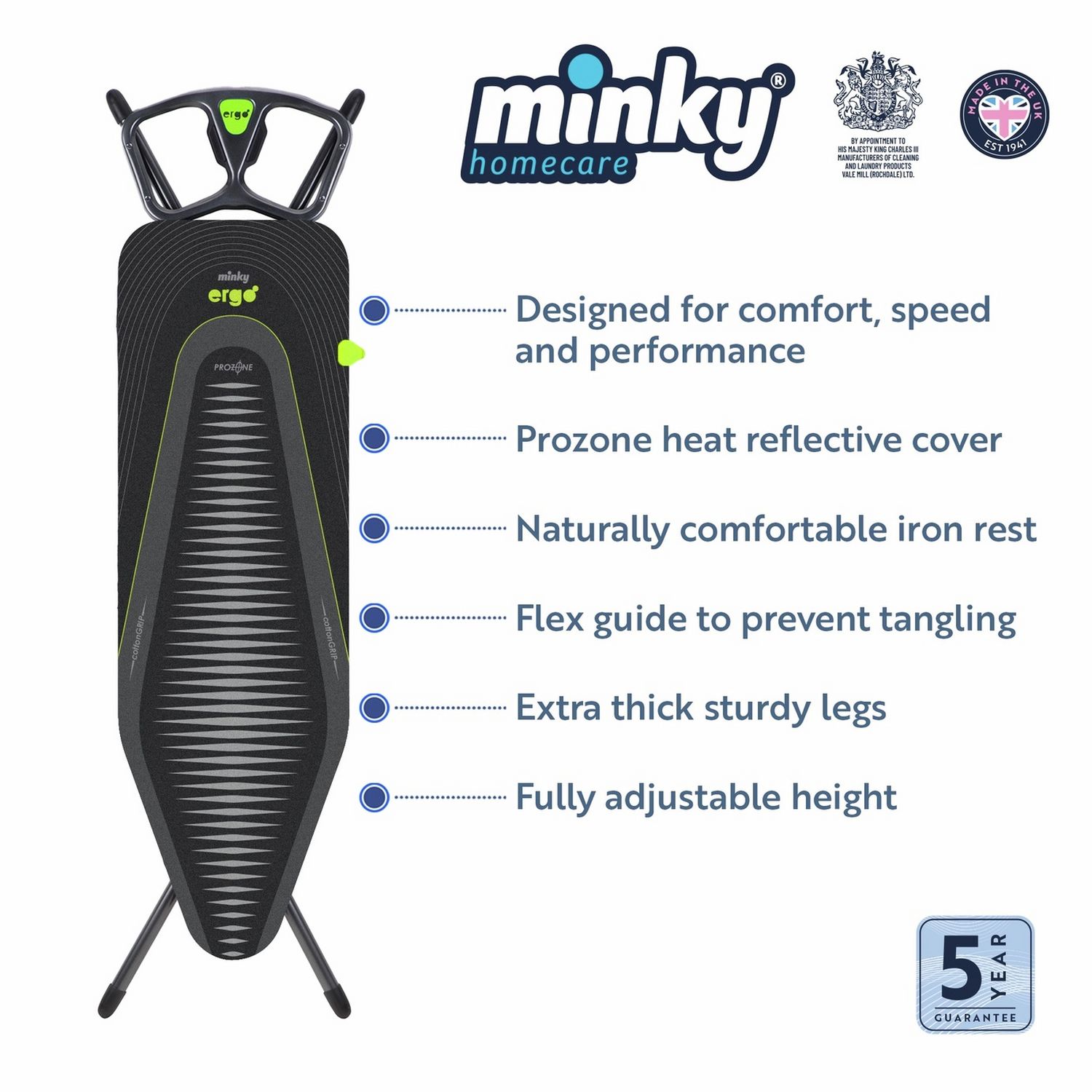 Minky Ergo Prozone ironing board 122x38cm - British product