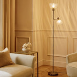 Argos Home Piper floor lamp in antiqued brass with ribbed glass shades (British brand)