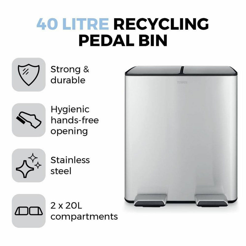 Tower 40L twin compartment steel pedal bin, imported from the UK