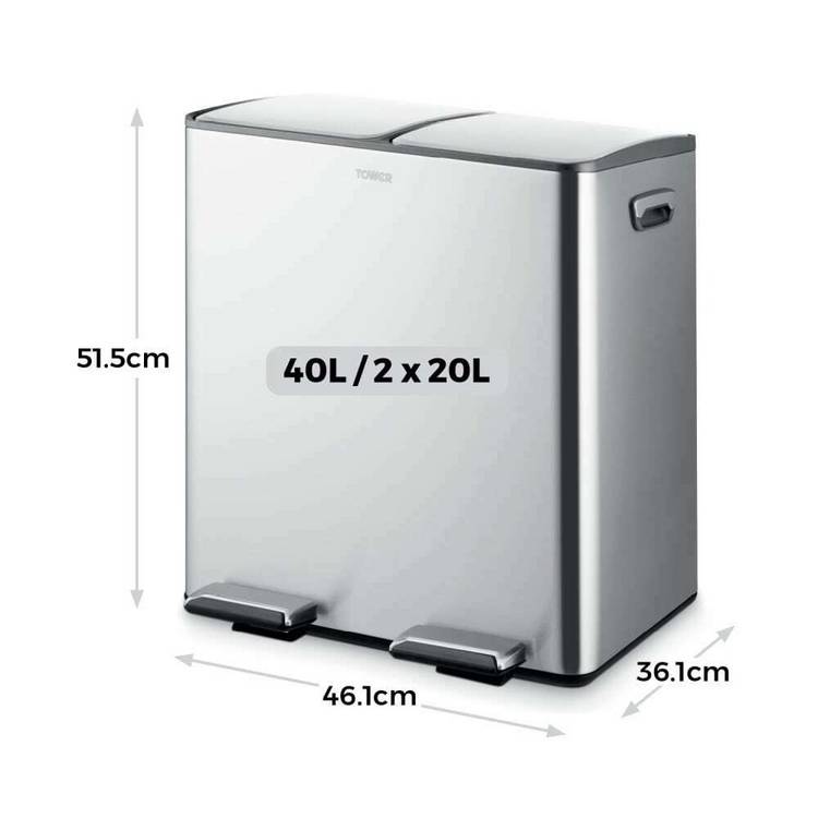 Tower 40L twin compartment steel pedal bin, imported from the UK