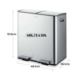 Tower 40L twin compartment steel pedal bin, imported from the UK