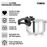 Tower 3 litre stainless steel pressure cooker - British product