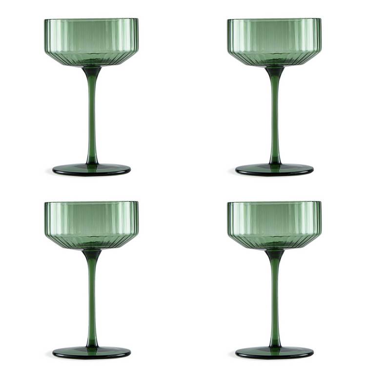 Habitat green ribbed champagne coupe glasses set of 4, imported from the UK