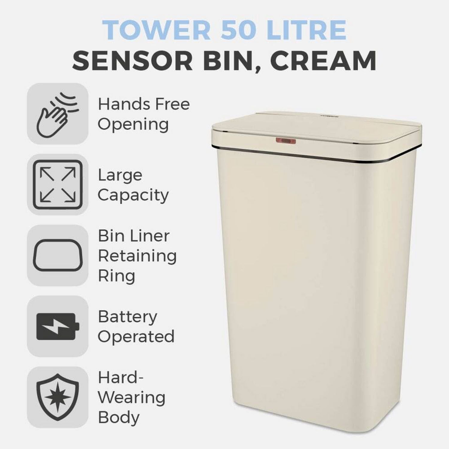 Tower sensor bin 50 litre cream, imported from the UK