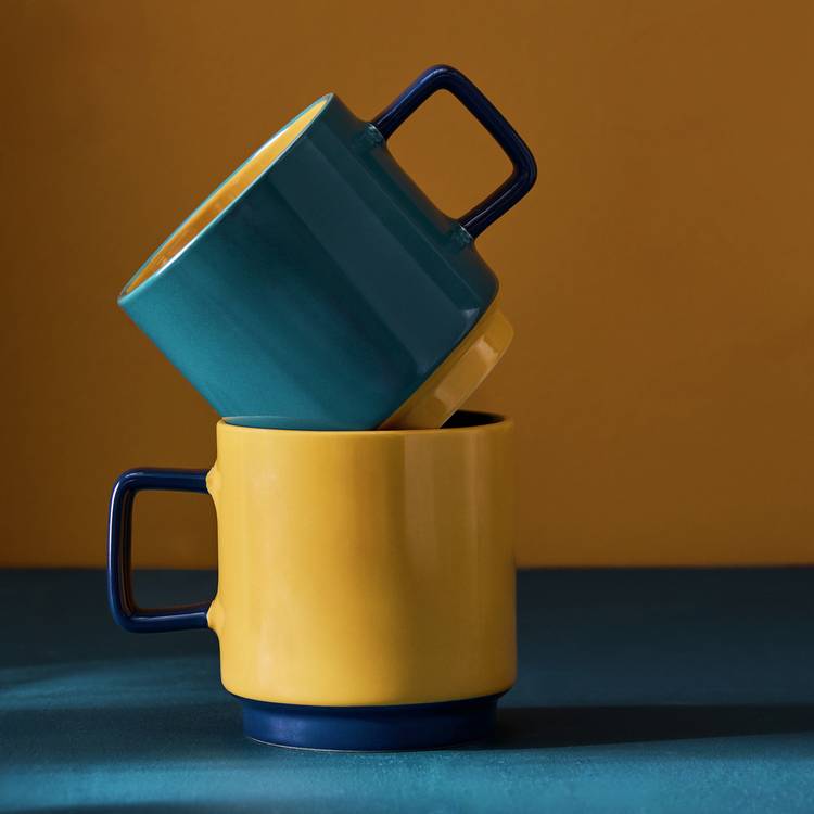 Habitat stoneware stacking mugs teal mustard 460ml, UK version
