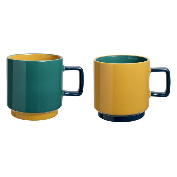 Habitat stoneware stacking mugs teal mustard 460ml, UK version