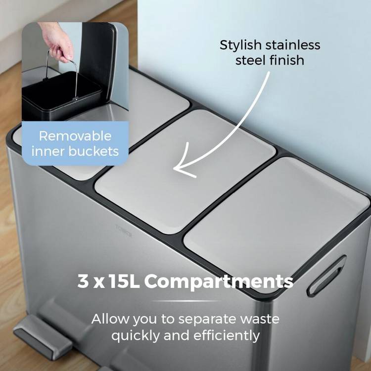 Tower 45L three compartment recycling bin steel, imported from the UK