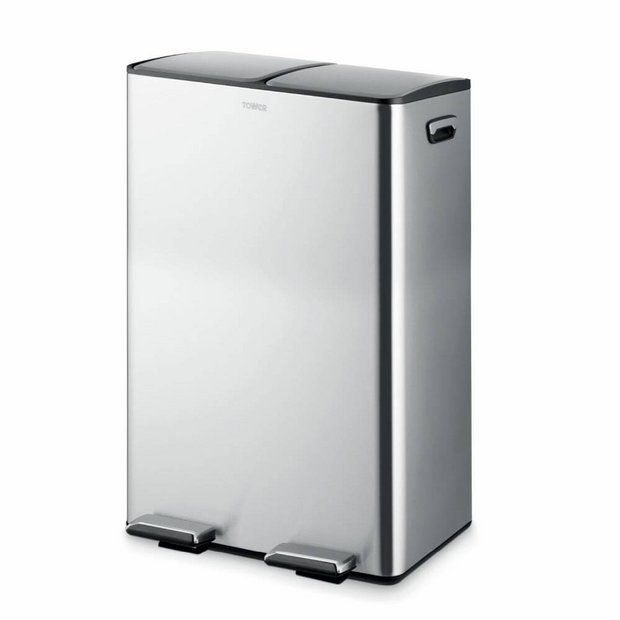 Tower 60L twin compartment recycling pedal bin steel, imported from the UK