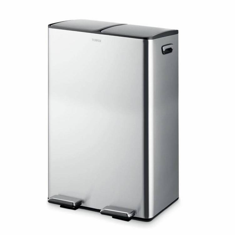 Tower 60L twin compartment recycling pedal bin steel, imported from the UK