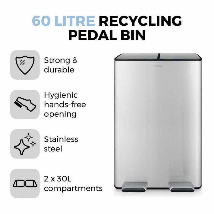 Tower 60L twin compartment recycling pedal bin steel, imported from the UK
