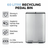 Tower 60L twin compartment recycling pedal bin steel, imported from the UK
