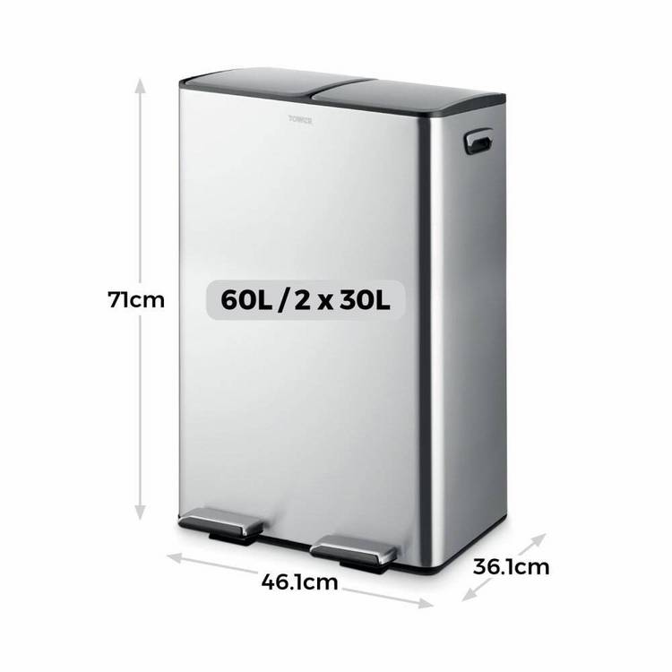 Tower 60L twin compartment recycling pedal bin steel, imported from the UK