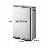 Tower 60L twin compartment recycling pedal bin steel, imported from the UK