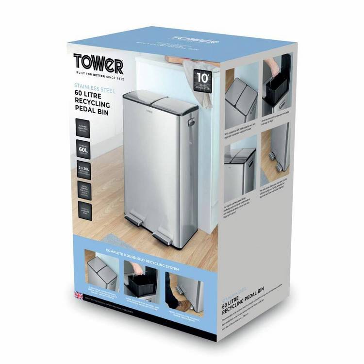 Tower 60L twin compartment recycling pedal bin steel, imported from the UK