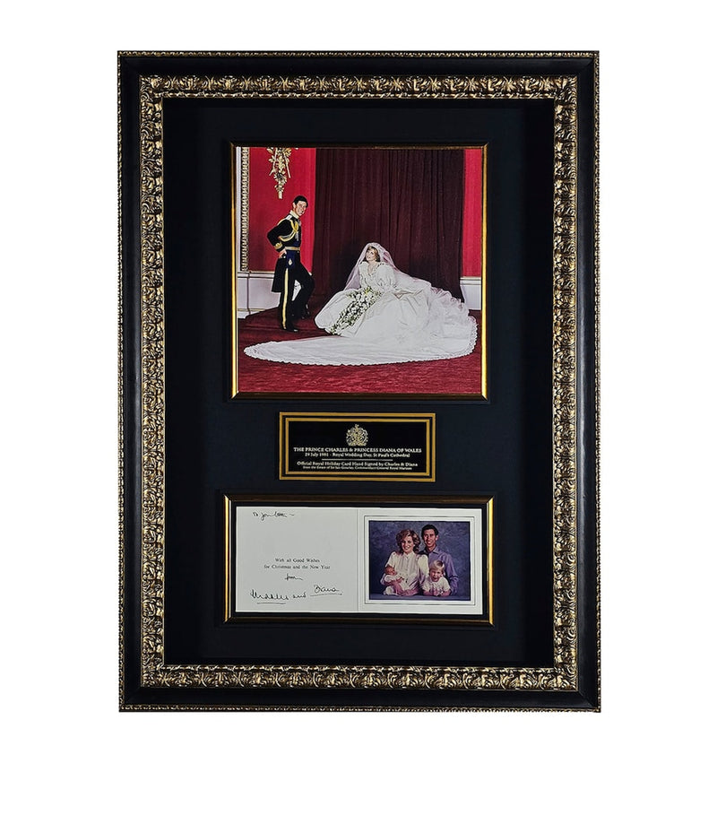 Leipzig Galleries Prince Charles and Princess Diana Signed Holiday Card Framed Display, UK version
