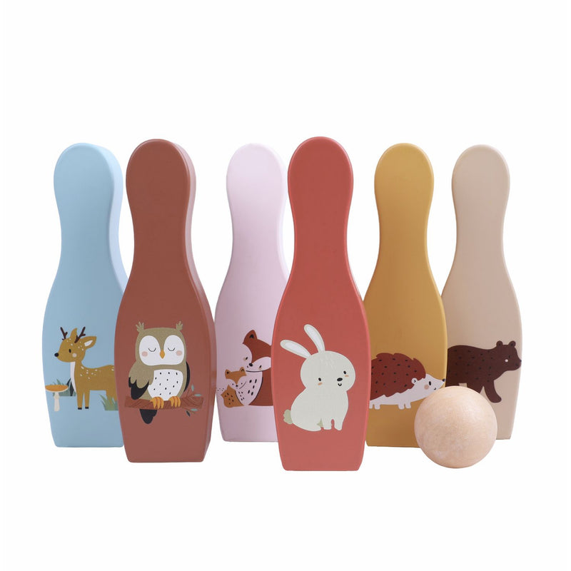 Chad Valley wooden garden skittles set with woodland characters, imported from the UK