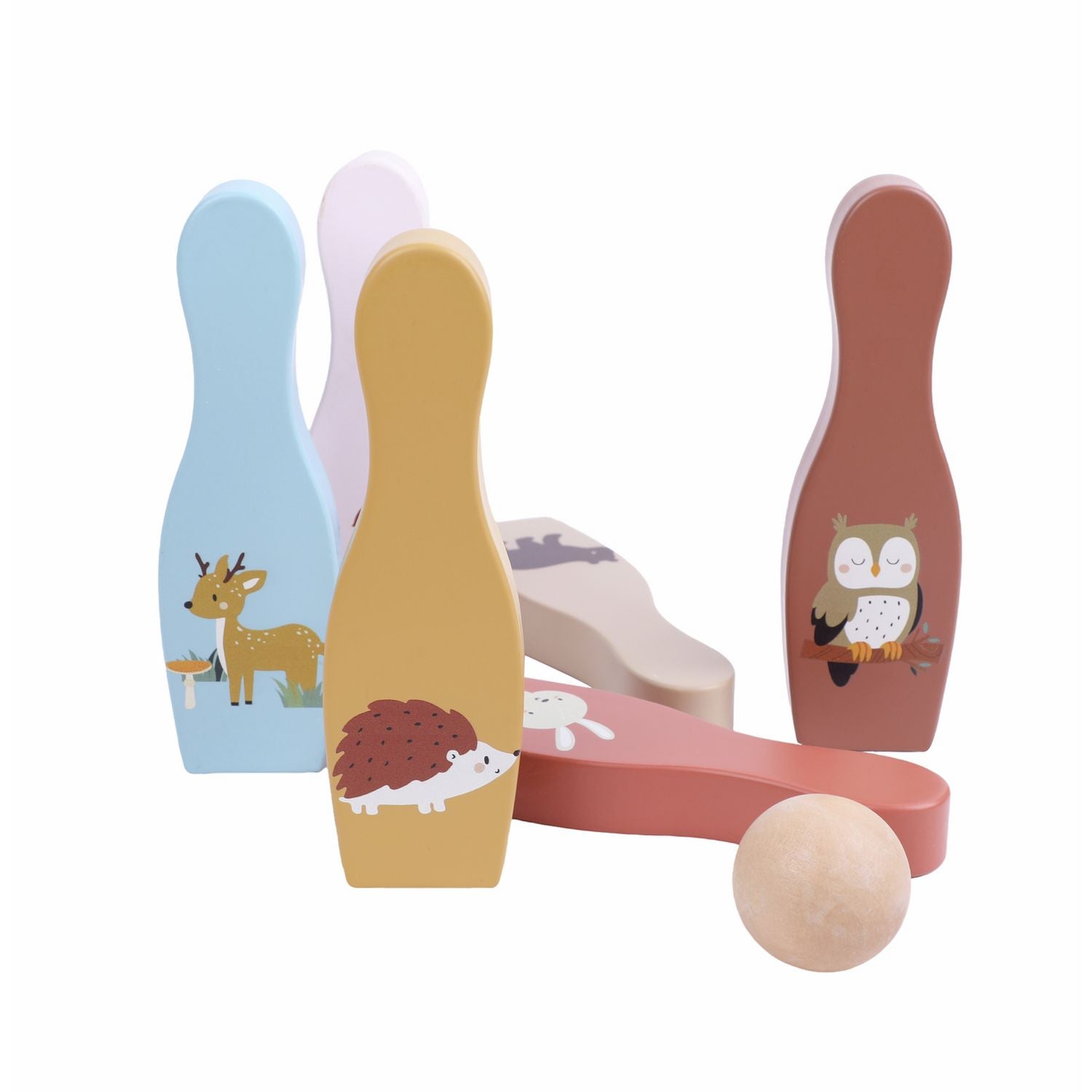 Chad Valley wooden garden skittles set with woodland characters, imported from the UK
