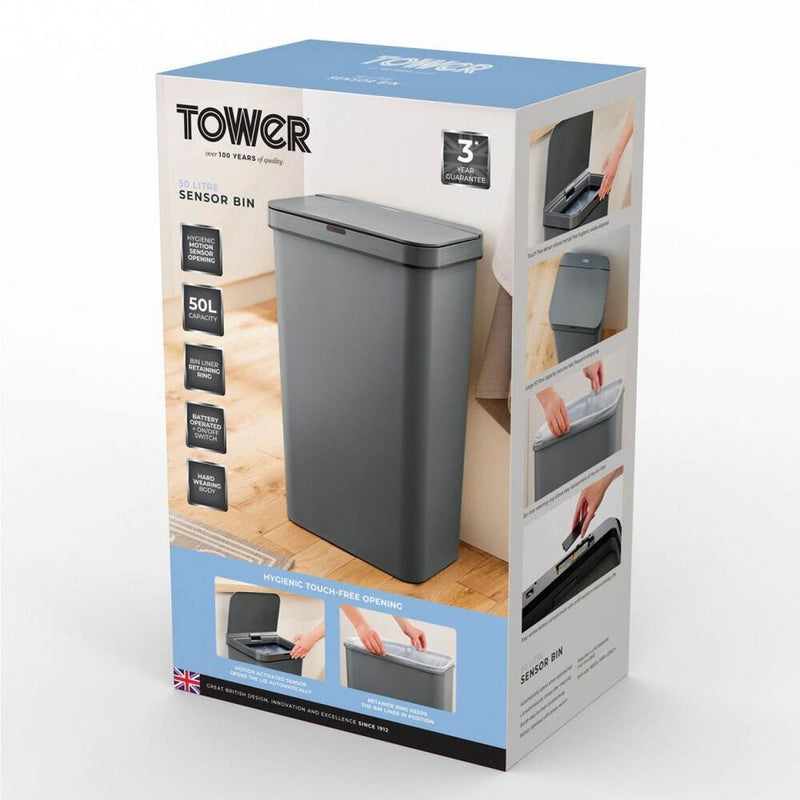 Tower grey sensor bin 50 litre, imported from the UK