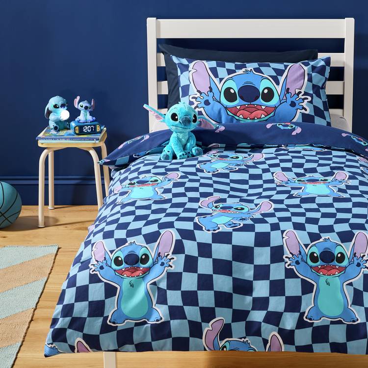 Disney Stitch toddler bedding set blue checkerboard, imported from the UK