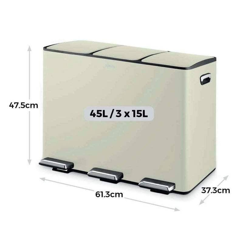 Tower 45L three compartment recycling pedal bin cream (British brand)