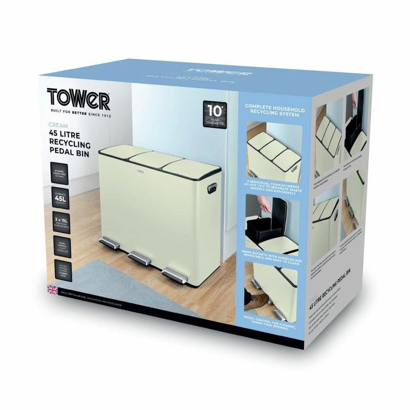Tower 45L three compartment recycling pedal bin cream (British brand)