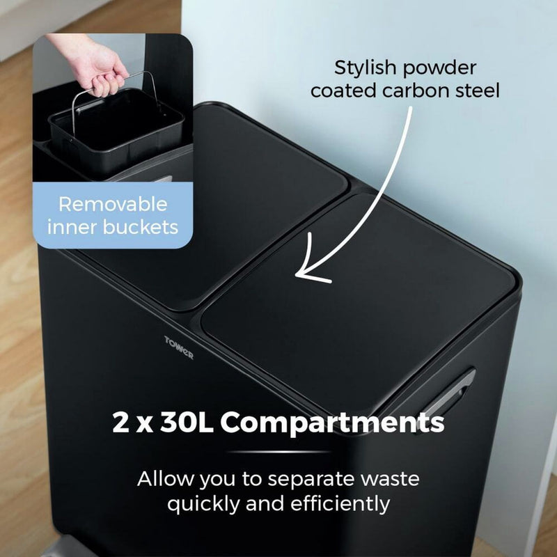 Tower 60L twin compartment recycling pedal bin - British product