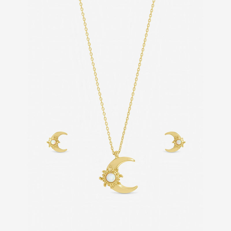 Inicio gold plated opal moon pendant and earrings set (British brand)