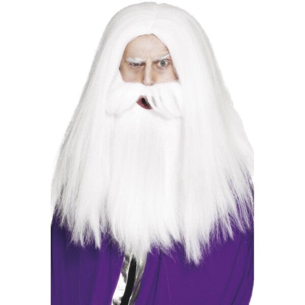 Smiffys magician costume set white with wig and beard, imported from the UK