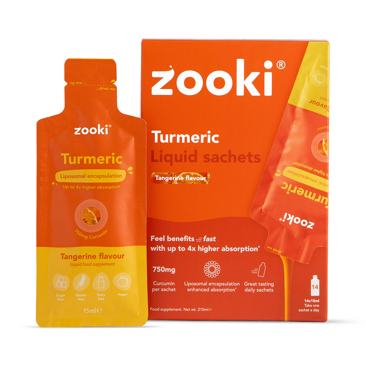 Zooki liposomal curcumin supplement tangerine flavour 750mg 14 sachets - British product