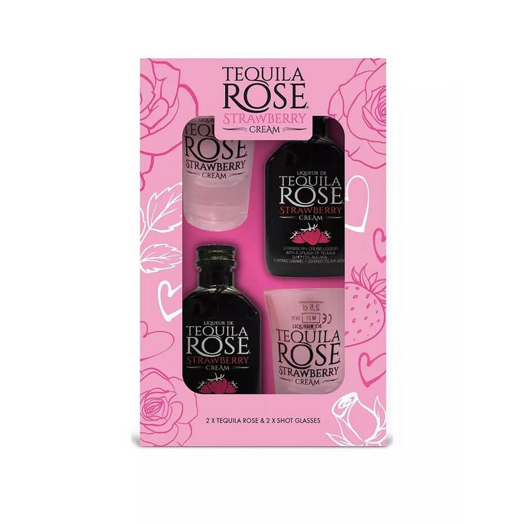 Tequila Rose Strawberry Cream Liqueur Gift Set with shot glasses, imported from the UK