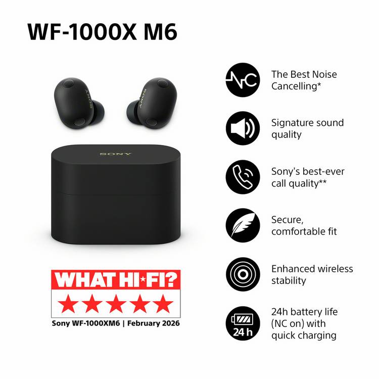 Sony WF-1000XM6 noise cancelling earbuds black, UK version