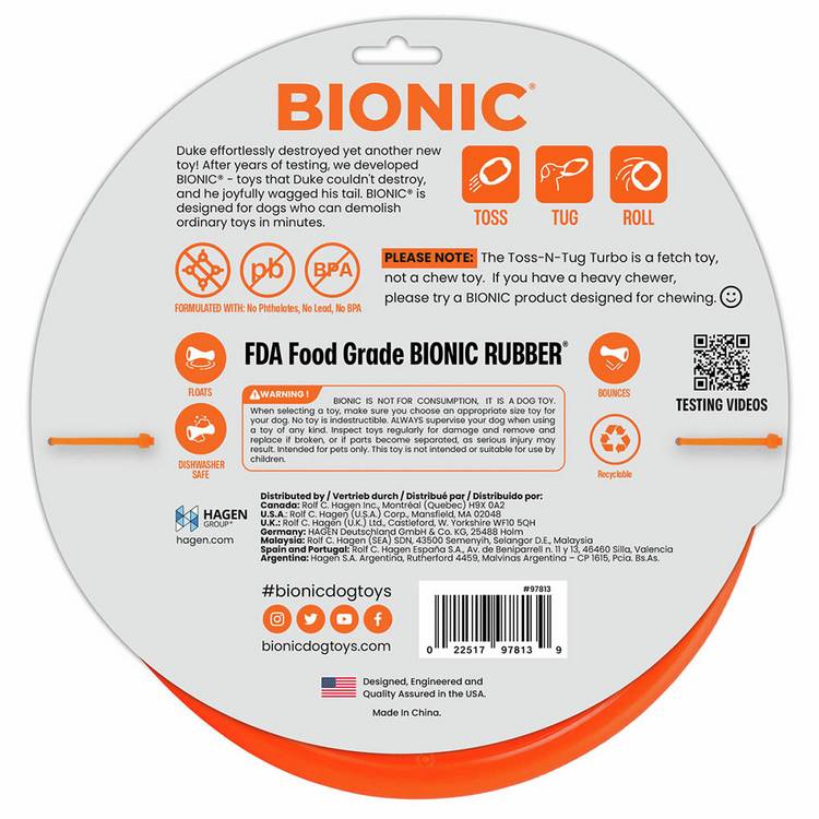 Bionic Toss N Tug Turbo orange pet toy, imported from the UK