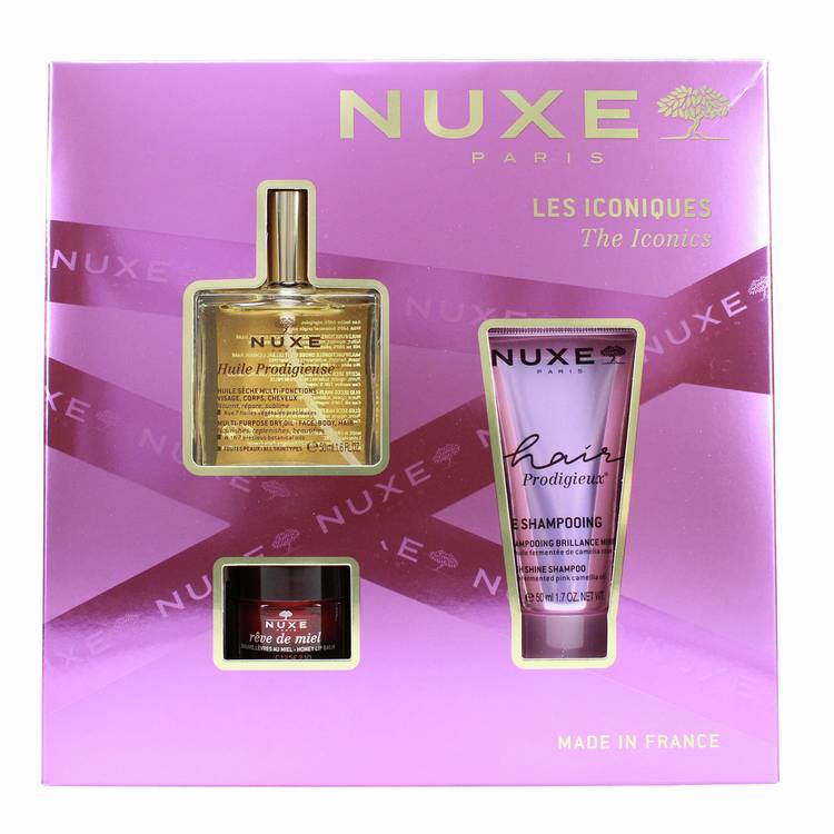 Nuxe The Iconics 3 piece gift set with dry oil, shampoo, lip balm - British product