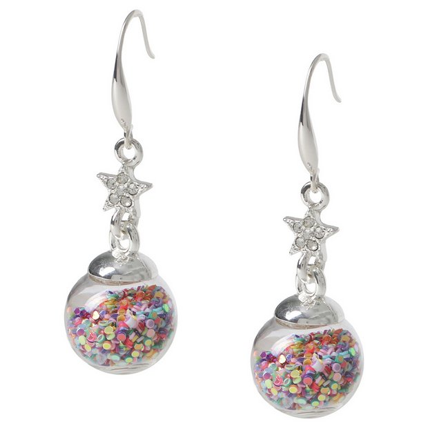 Liars & Lovers silver tone glitter ball drop earrings, imported from the UK