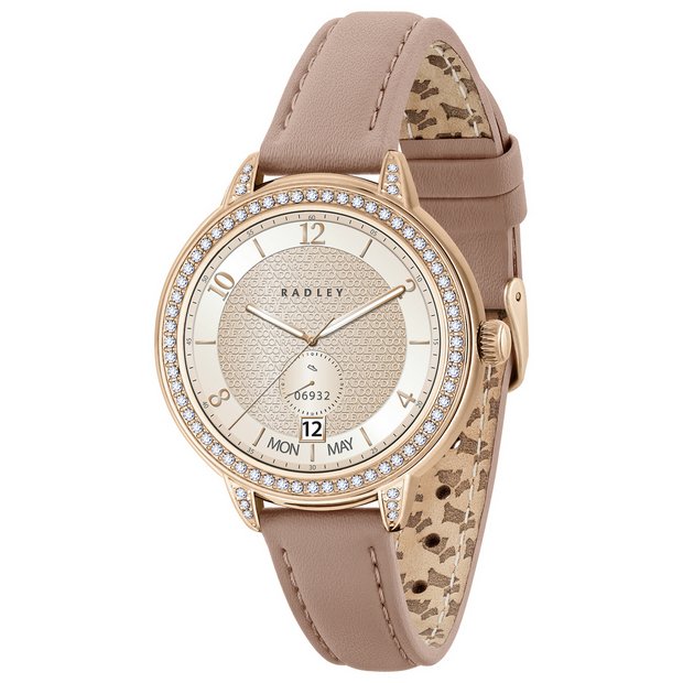 Radley smartwatch with stone-set dial and pink leather strap, imported from the UK