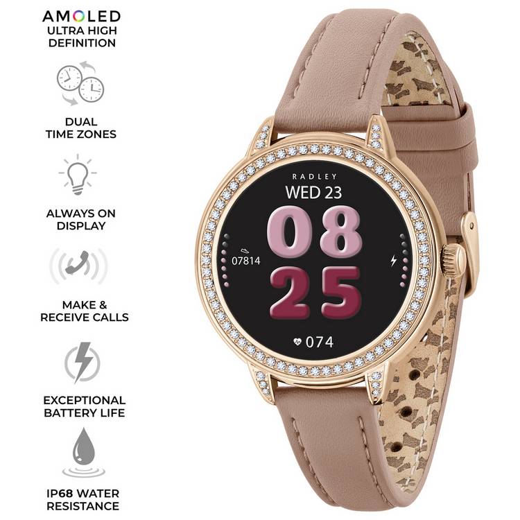 Radley smartwatch with stone-set dial and pink leather strap, imported from the UK