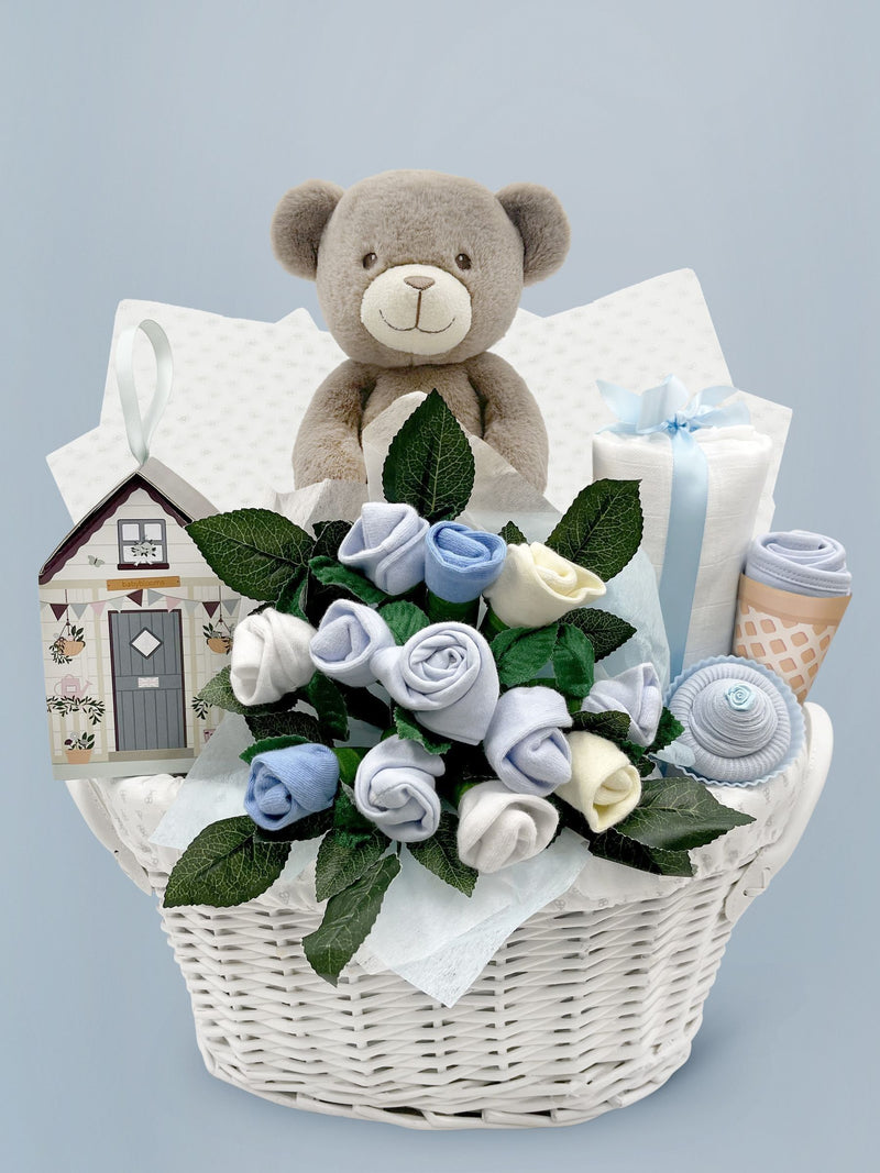 Babyblooms Blue Frankie Bear gift basket, imported from the UK