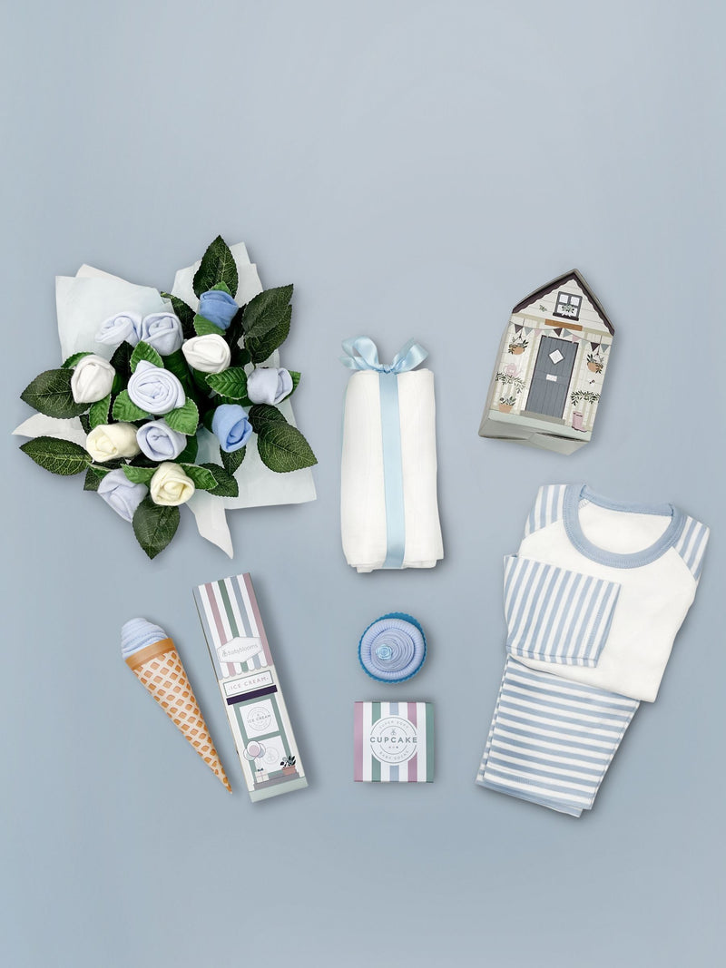 Babyblooms Blue Frankie Bear gift basket, imported from the UK