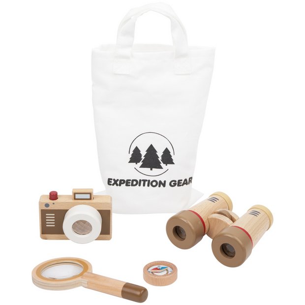Chad Valley wooden adventure set with camera, binoculars, compass - British product